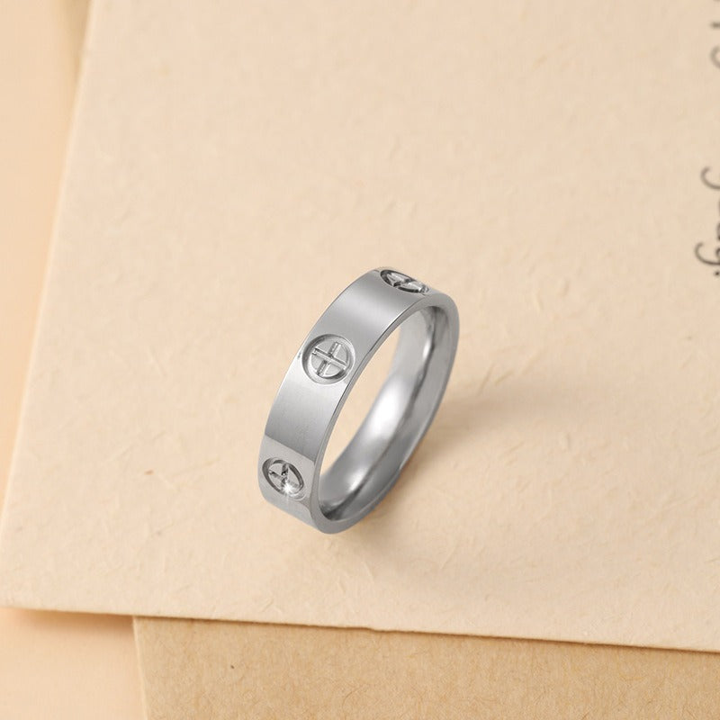 Cross printed metal style ring for women with minimalist design, fashionable and light luxury ring